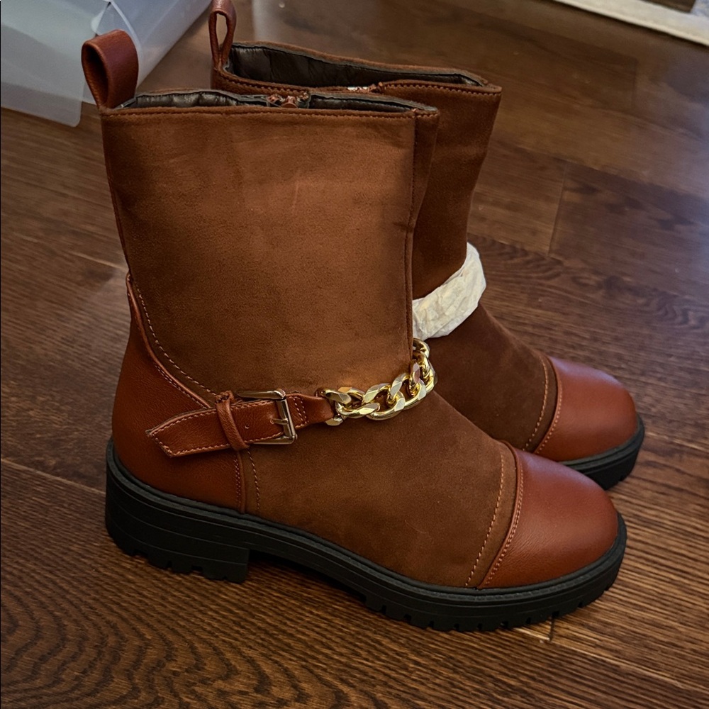 New York & Company Brown Suede & Leather Chain-Trim Ankle Boots